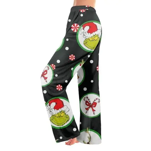 Produktbild: 𝑮𝒓𝒊𝒏𝒄𝒉 Weihnachtshosen Pärchen Glitzer Hose Damen Jogginghose mit Reißverschluss Damen Karo Hosen Mädchen Christmas Pjs Family Schlafanzug Extra Lang Flanell Schlafanzug Damen Lang Schwarz X2